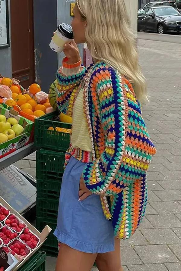 Contrast Print Cardigan Women Sweater Casual Striped Loose Long Sleeve Knitted