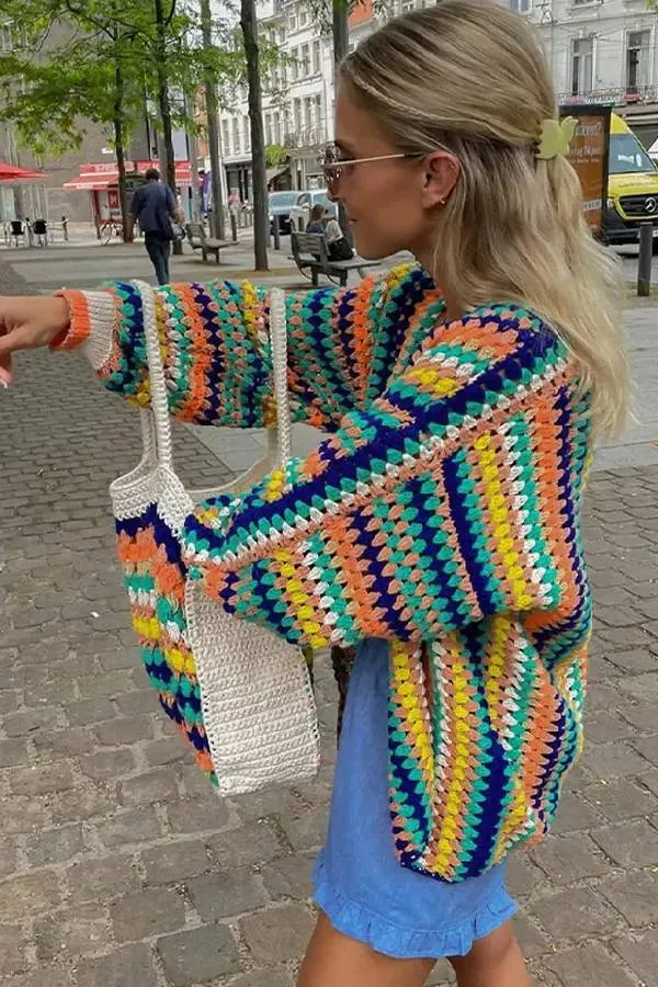 Contrast Print Cardigan Women Sweater Casual Striped Loose Long Sleeve Knitted
