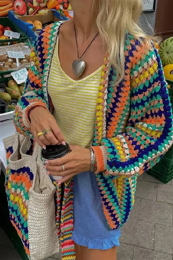 Contrast Print Cardigan Women Sweater Casual Striped Loose Long Sleeve Knitted