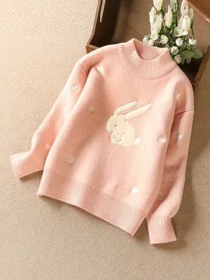 Cute Thick Knit Sweater For Girls, Bunny Design Warm Plush Lined Crew Neck Long Sleeve Jumper Top Winter/ Fall Clothing