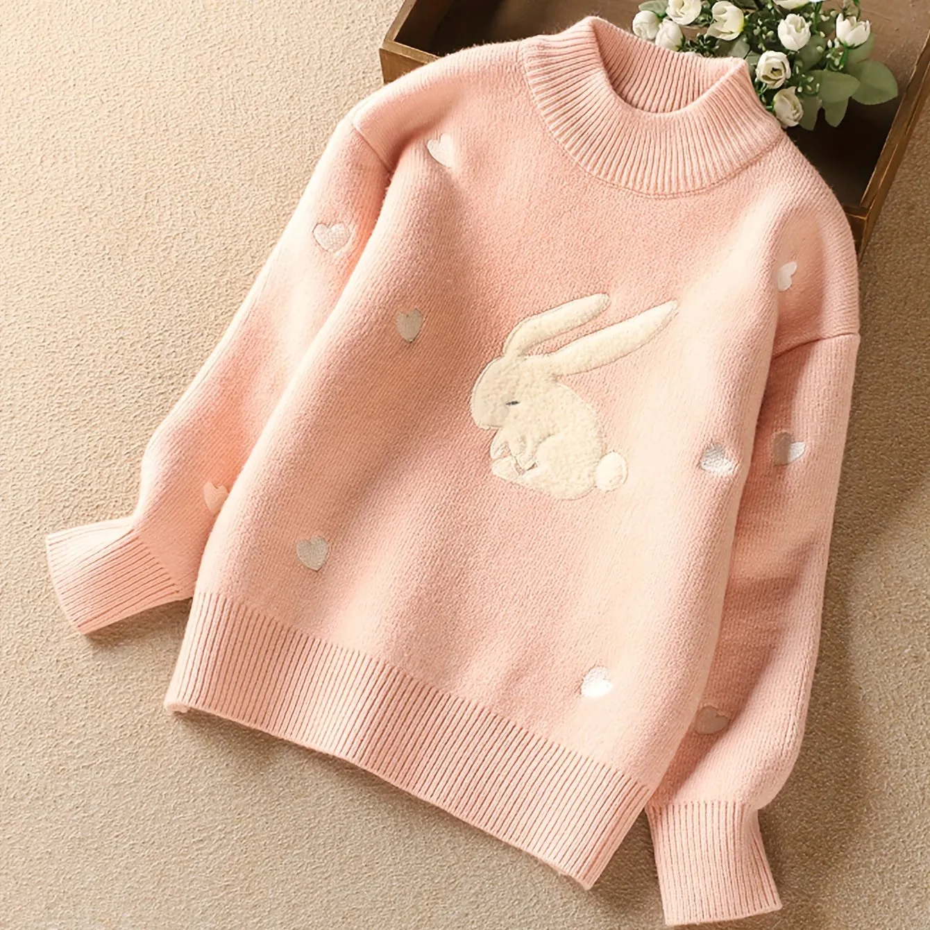 Cute Thick Knit Sweater For Girls, Bunny Design Warm Plush Lined Crew Neck Long Sleeve Jumper Top Winter/ Fall Clothing