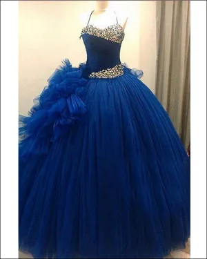 Dark Royal Blue Quinceanera Dresses Tulle Ruffles Beaded 2018 Ball Gowns Sweet 16 Dress