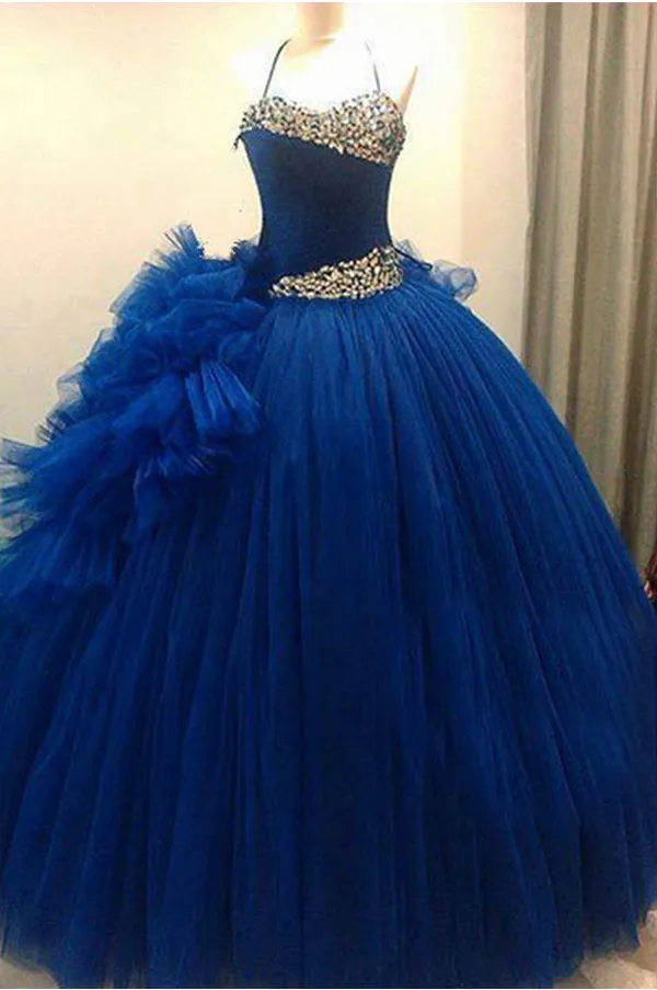 Dark Royal Blue Quinceanera Dresses Tulle Ruffles Beaded 2018 Ball Gowns Sweet 16 Dress