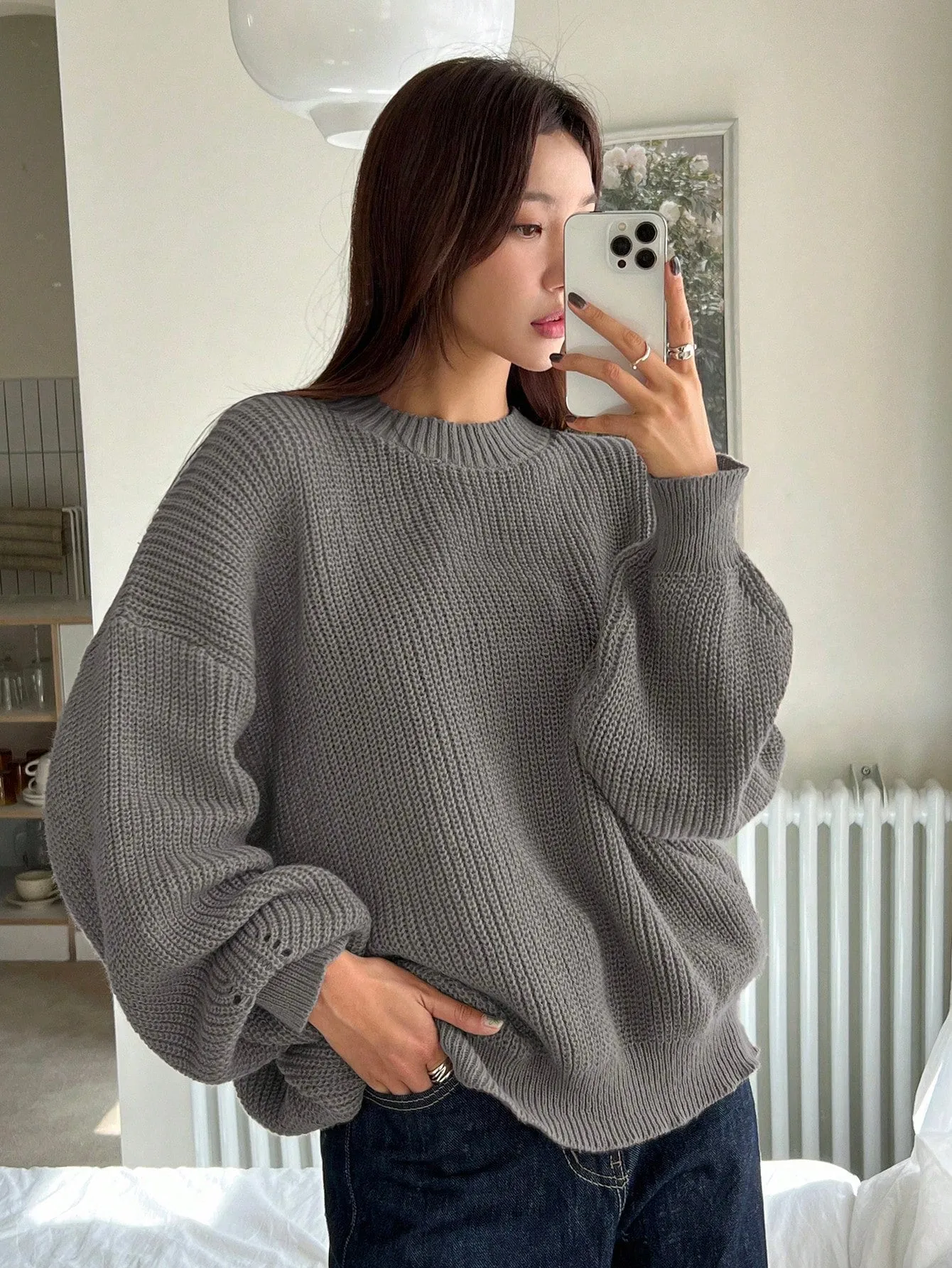 DAZY Women Solid Color Crew Neck Long Sleeve Casual Pullover Sweater
