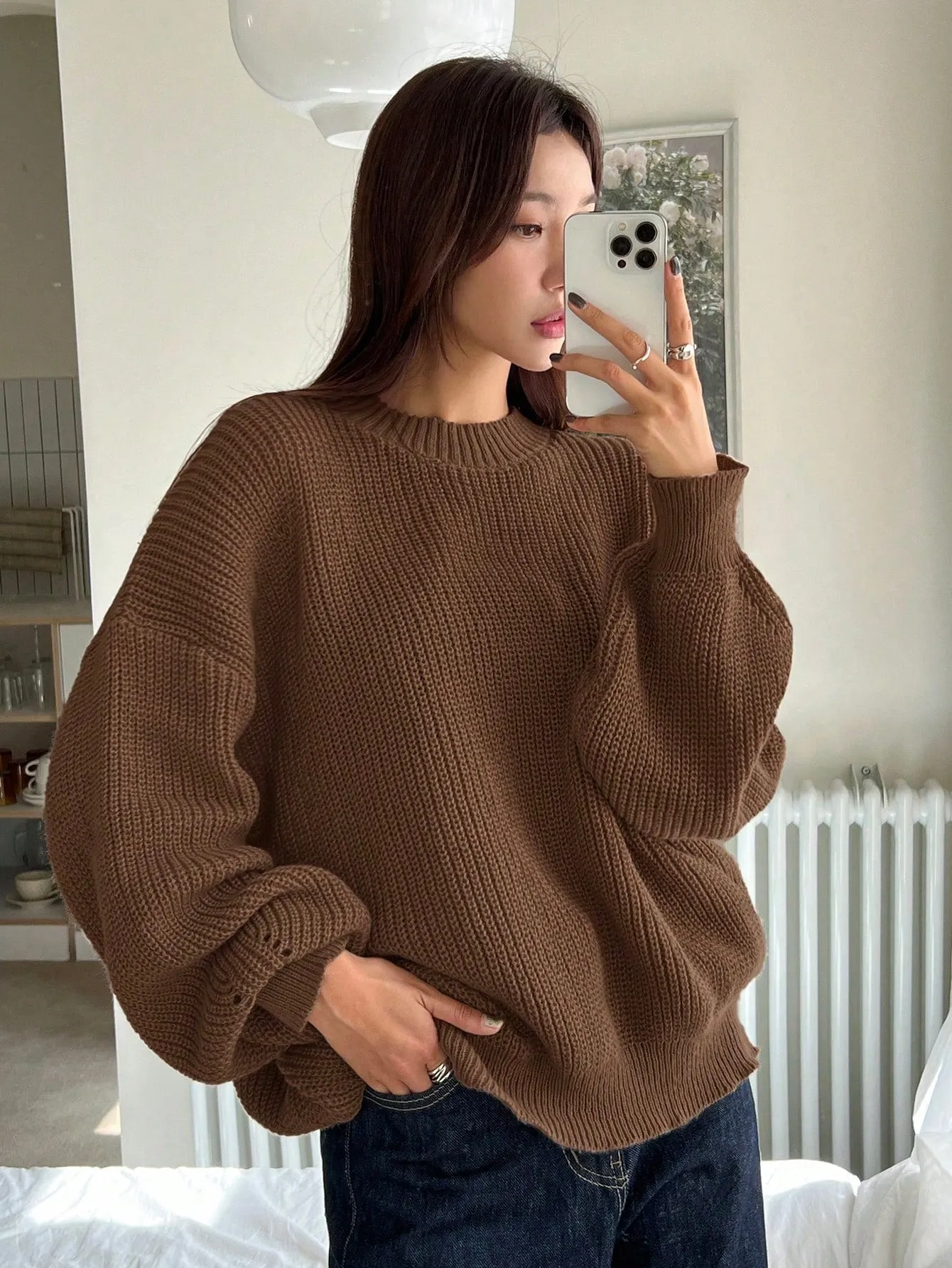 DAZY Women Solid Color Crew Neck Long Sleeve Casual Pullover Sweater