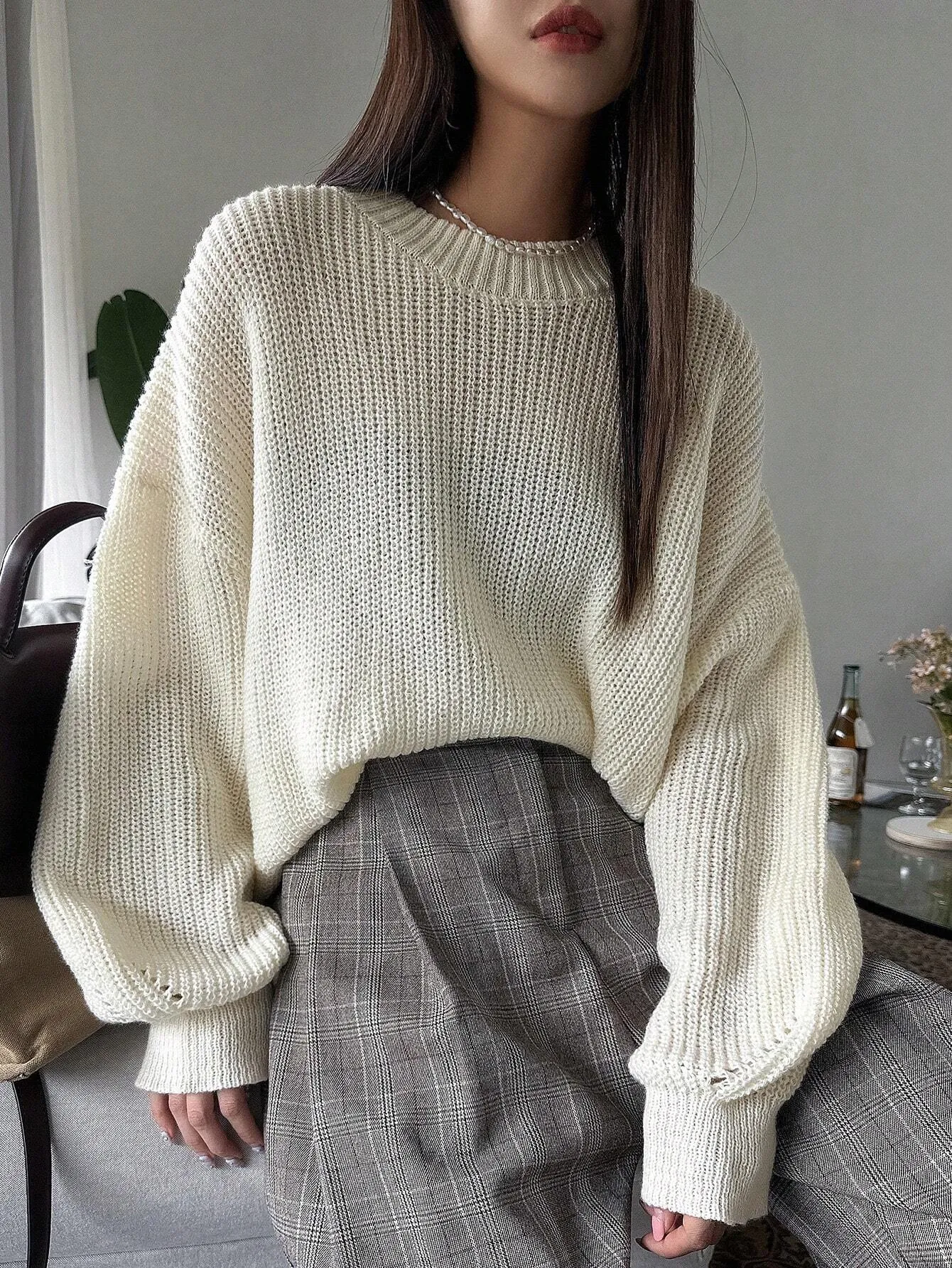 DAZY Women Solid Color Crew Neck Long Sleeve Casual Pullover Sweater