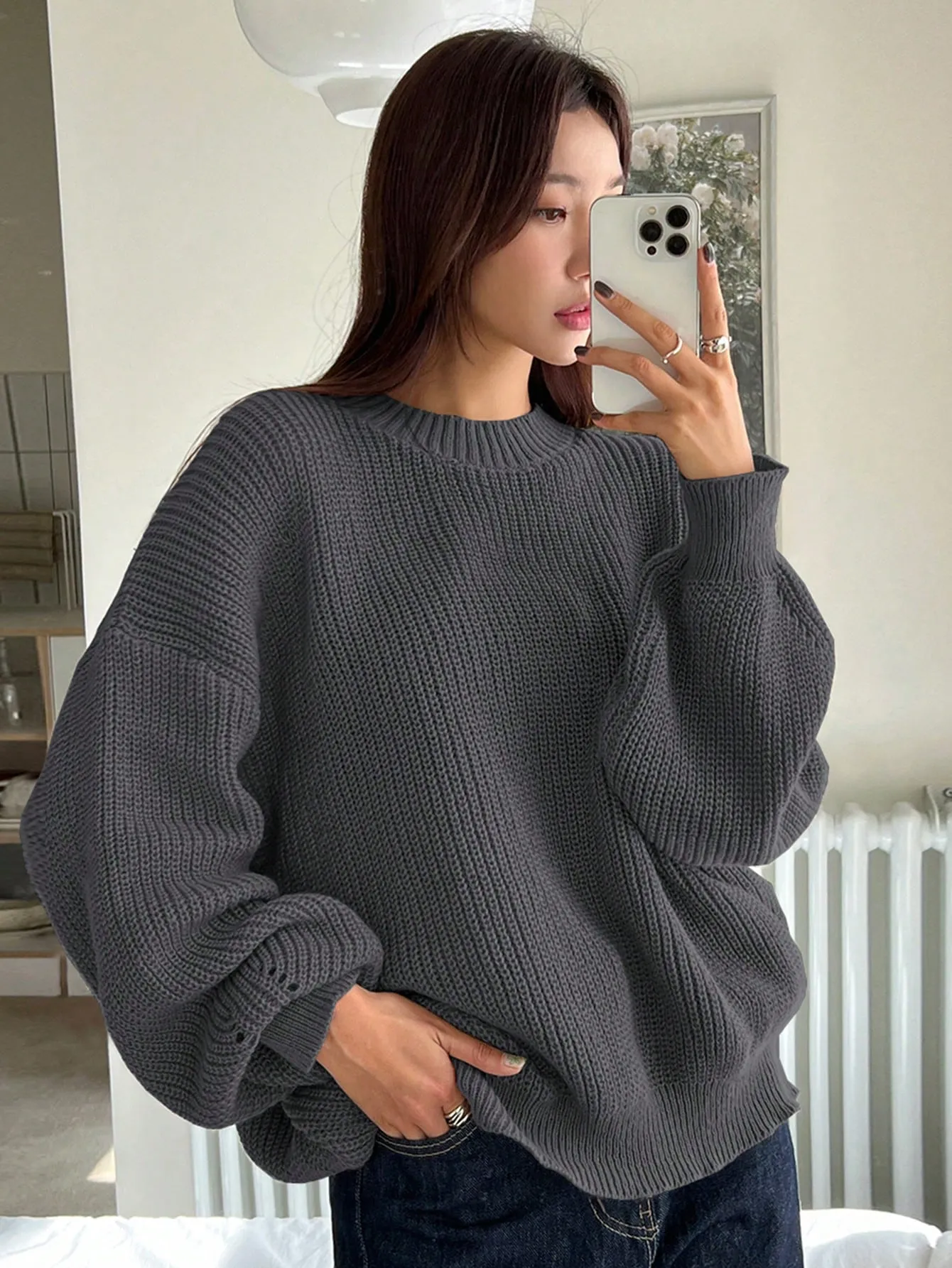 DAZY Women Solid Color Crew Neck Long Sleeve Casual Pullover Sweater