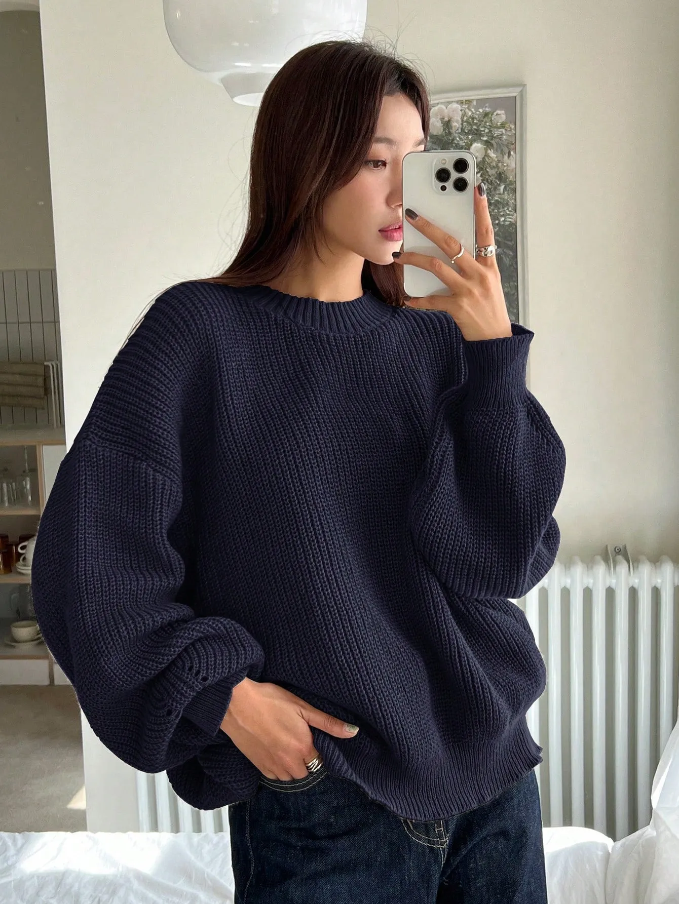 DAZY Women Solid Color Crew Neck Long Sleeve Casual Pullover Sweater