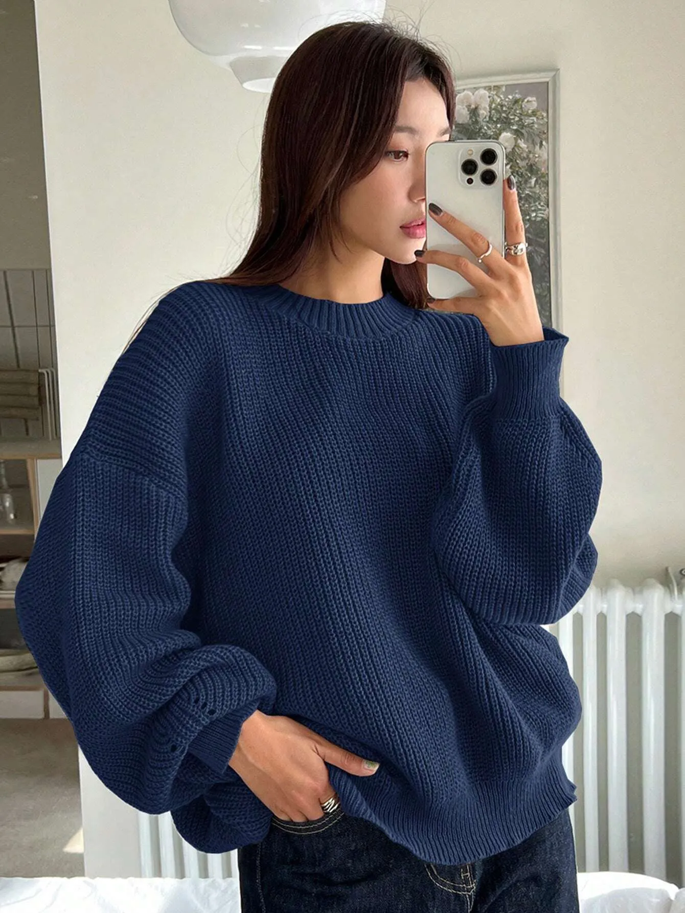 DAZY Women Solid Color Crew Neck Long Sleeve Casual Pullover Sweater