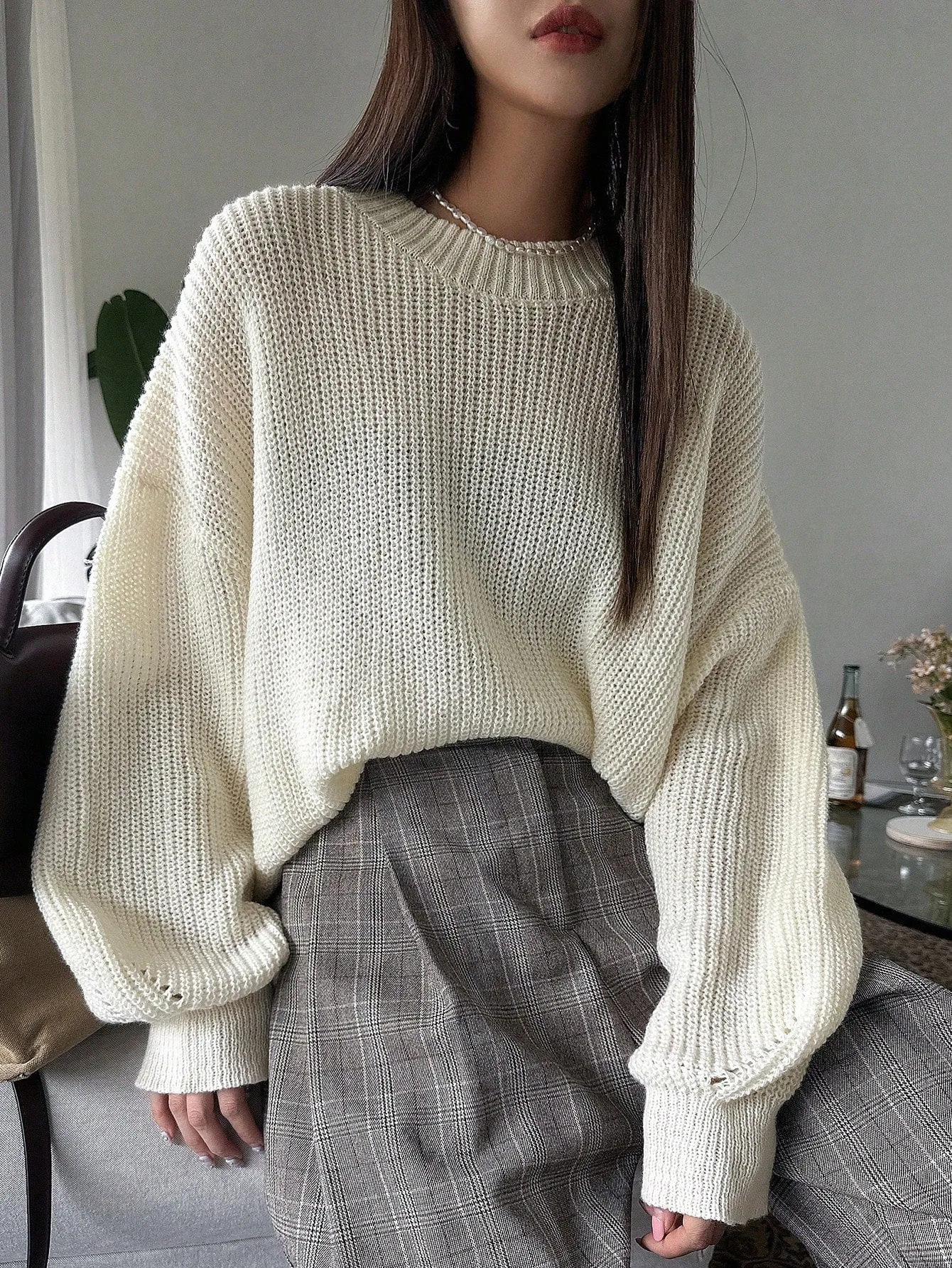 DAZY Women Solid Color Crew Neck Long Sleeve Casual Pullover Sweater