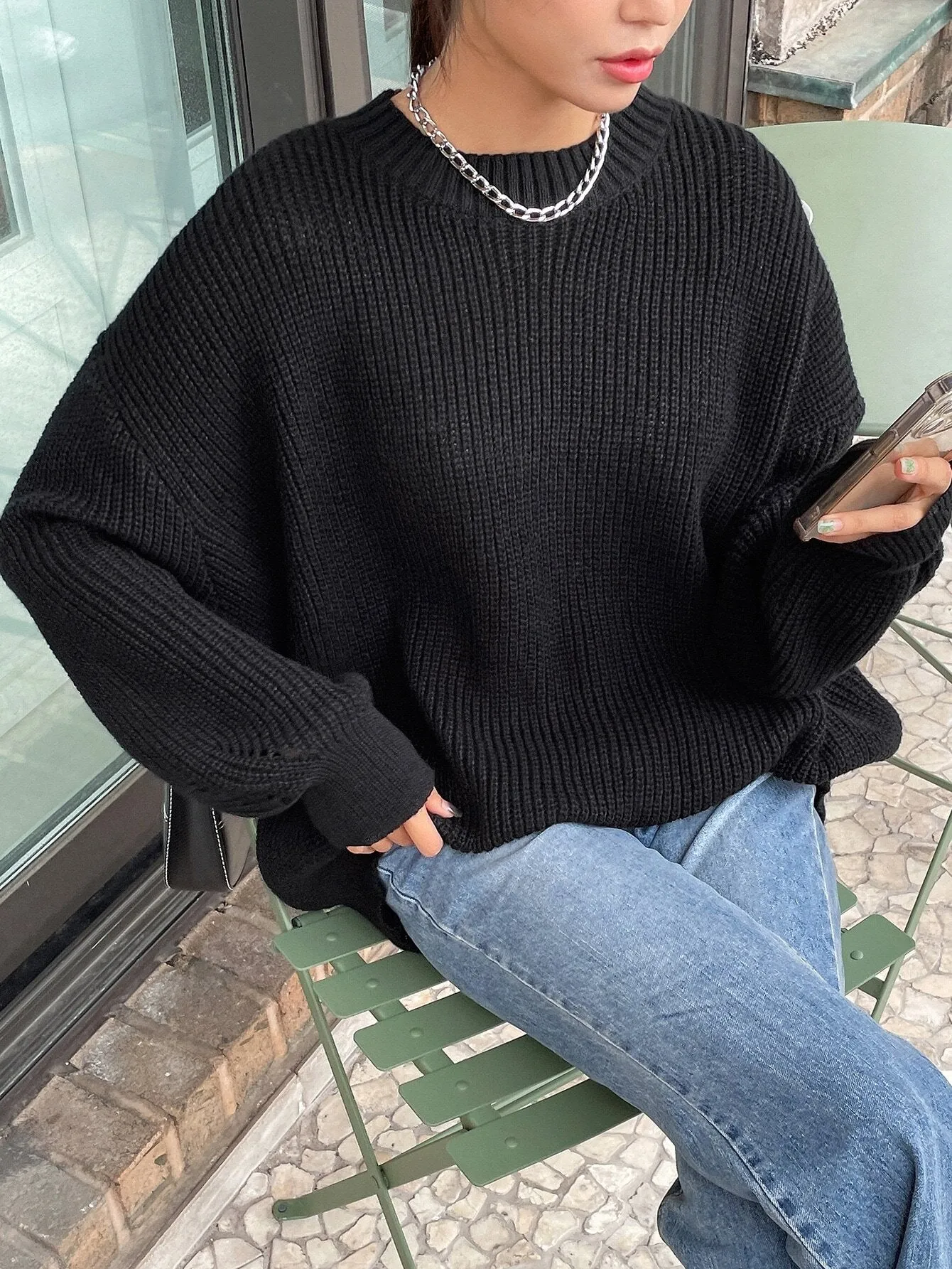 DAZY Women Solid Color Crew Neck Long Sleeve Casual Pullover Sweater