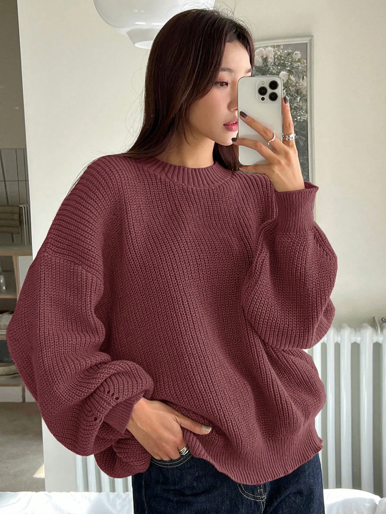 DAZY Women Solid Color Crew Neck Long Sleeve Casual Pullover Sweater