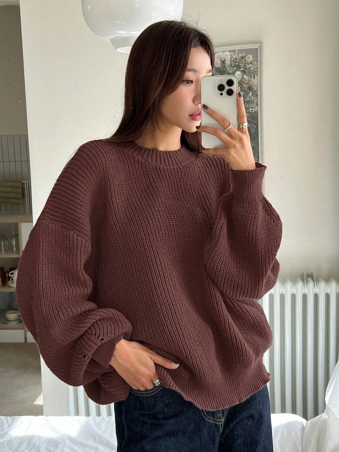 DAZY Women Solid Color Crew Neck Long Sleeve Casual Pullover Sweater
