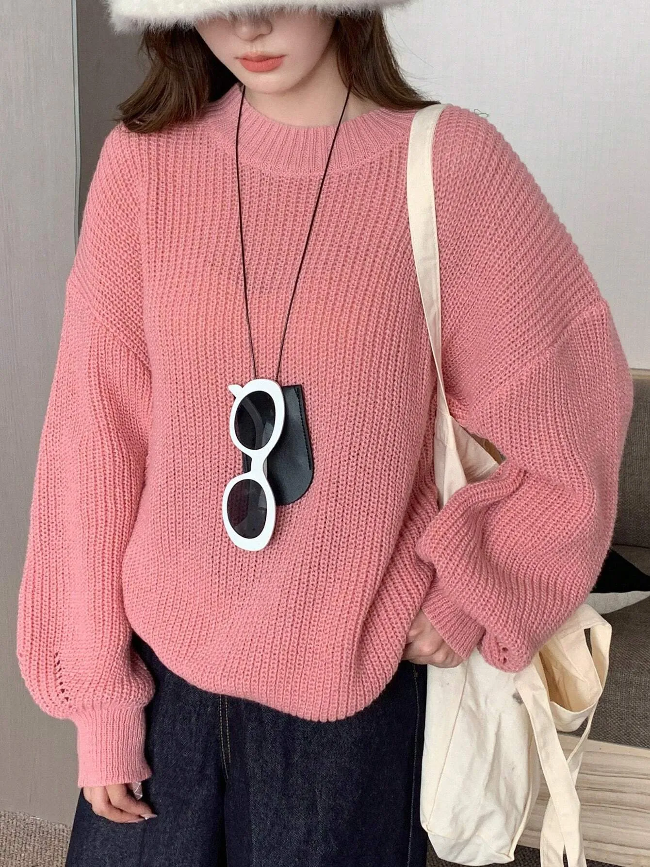 DAZY Women Solid Color Crew Neck Long Sleeve Casual Pullover Sweater
