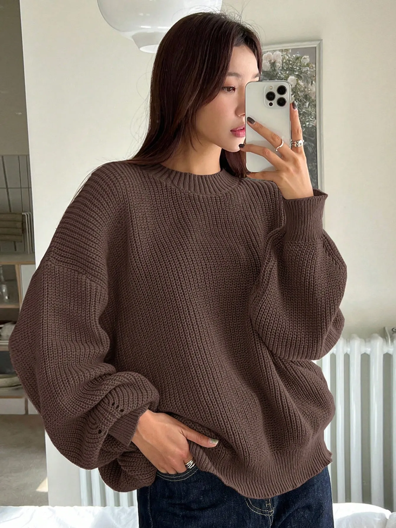DAZY Women Solid Color Crew Neck Long Sleeve Casual Pullover Sweater