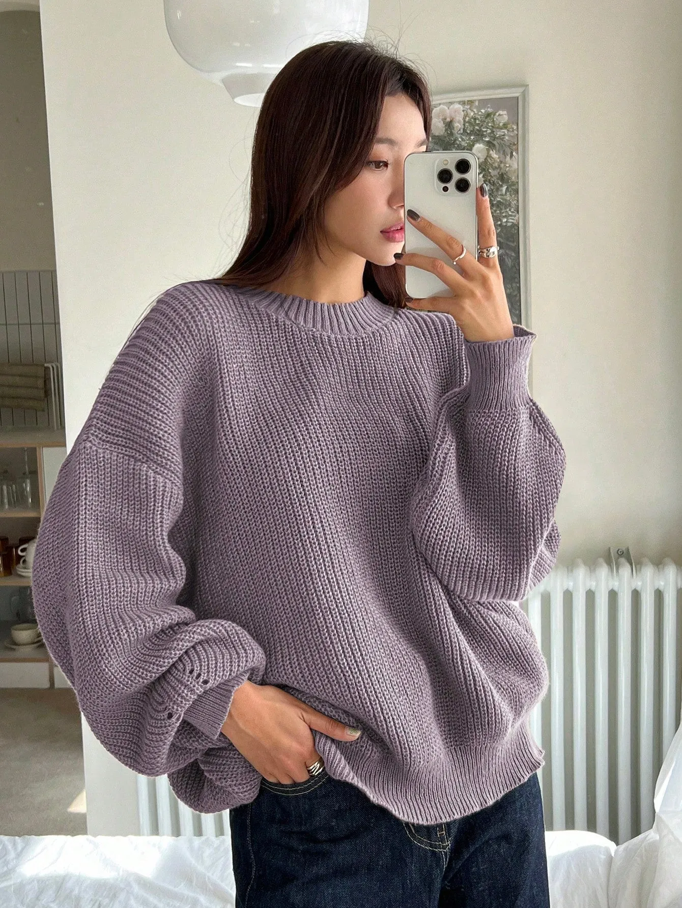 DAZY Women Solid Color Crew Neck Long Sleeve Casual Pullover Sweater