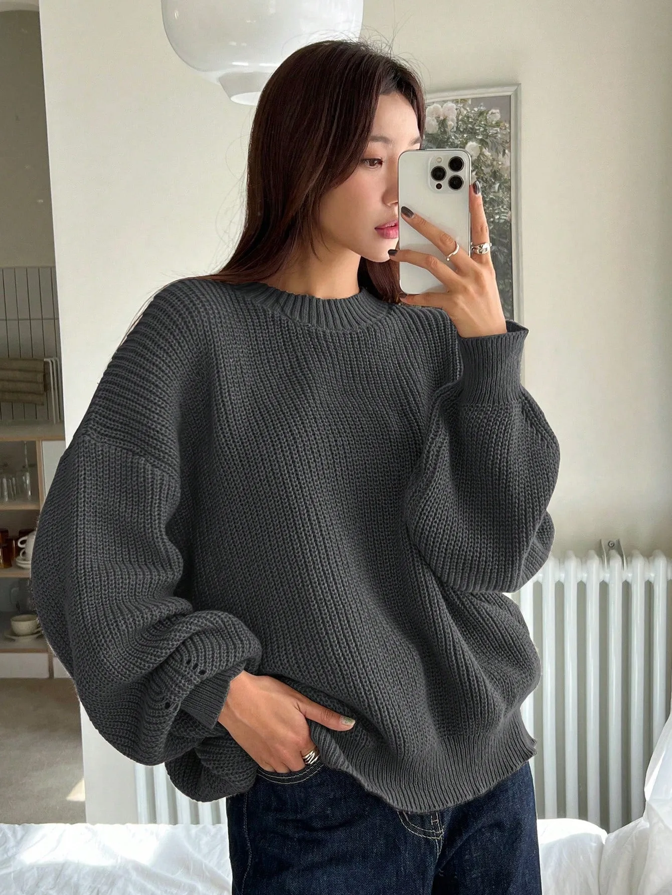 DAZY Women Solid Color Crew Neck Long Sleeve Casual Pullover Sweater