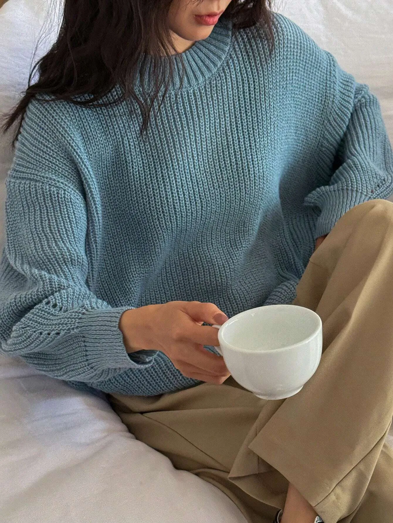 DAZY Women Solid Color Crew Neck Long Sleeve Casual Pullover Sweater