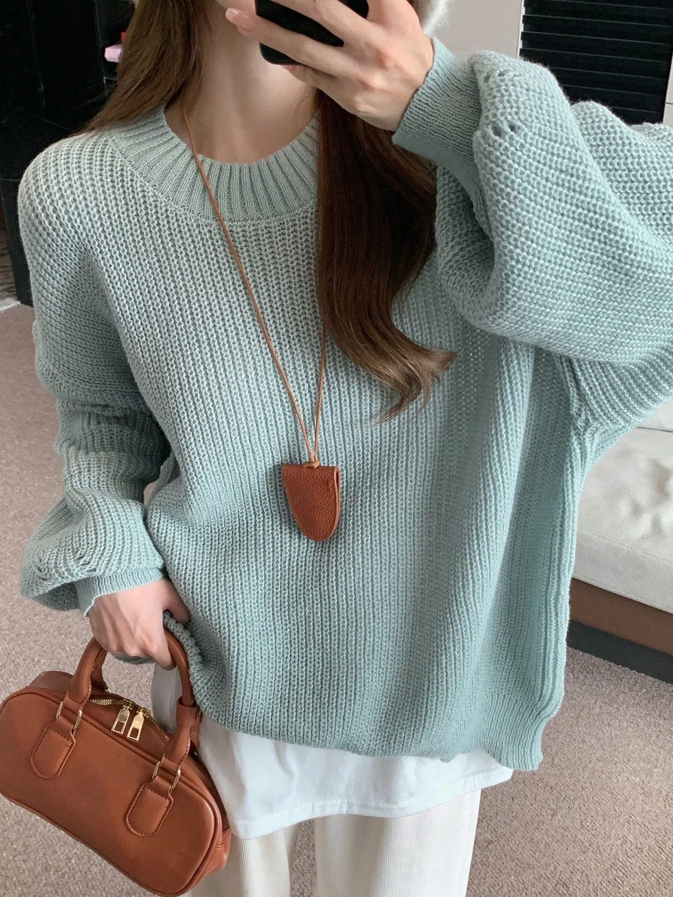 DAZY Women Solid Color Crew Neck Long Sleeve Casual Pullover Sweater