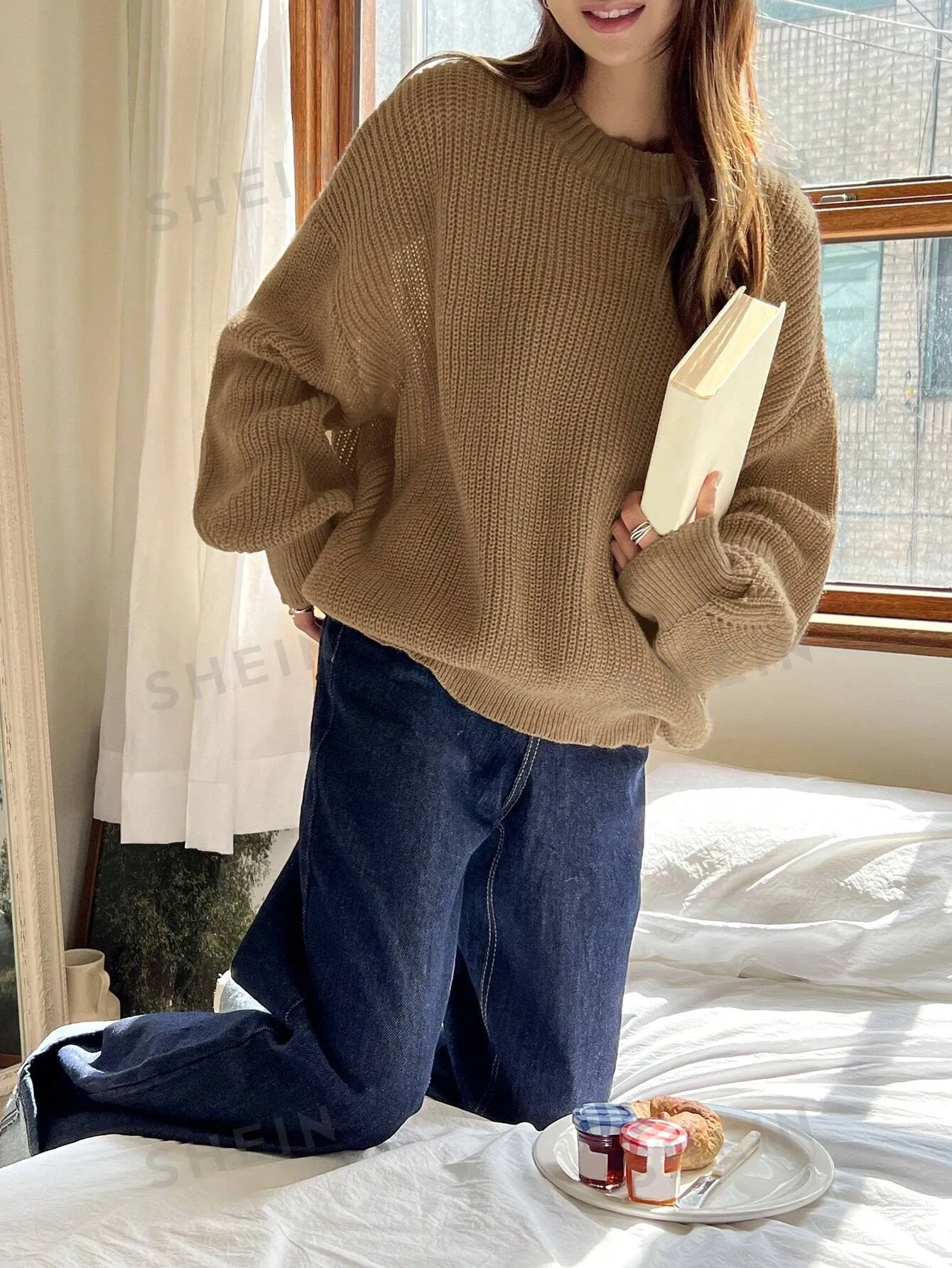 DAZY Women Solid Color Crew Neck Long Sleeve Casual Pullover Sweater