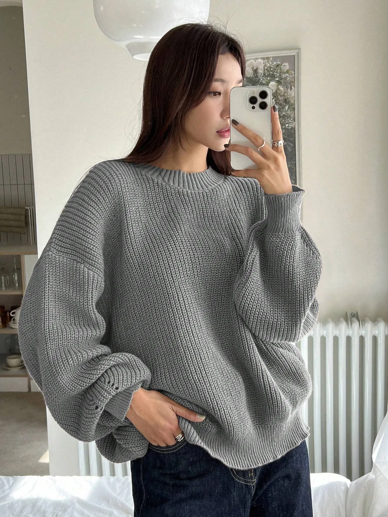 DAZY Women Solid Color Crew Neck Long Sleeve Casual Pullover Sweater
