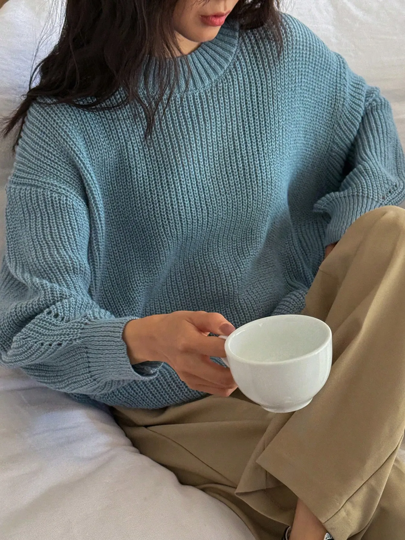 DAZY Women Solid Color Crew Neck Long Sleeve Casual Pullover Sweater