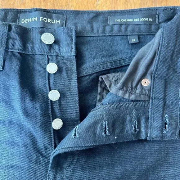 Denim Forum The Joni High Rise Loose Fit Dark Black Distressed Jeans 29L