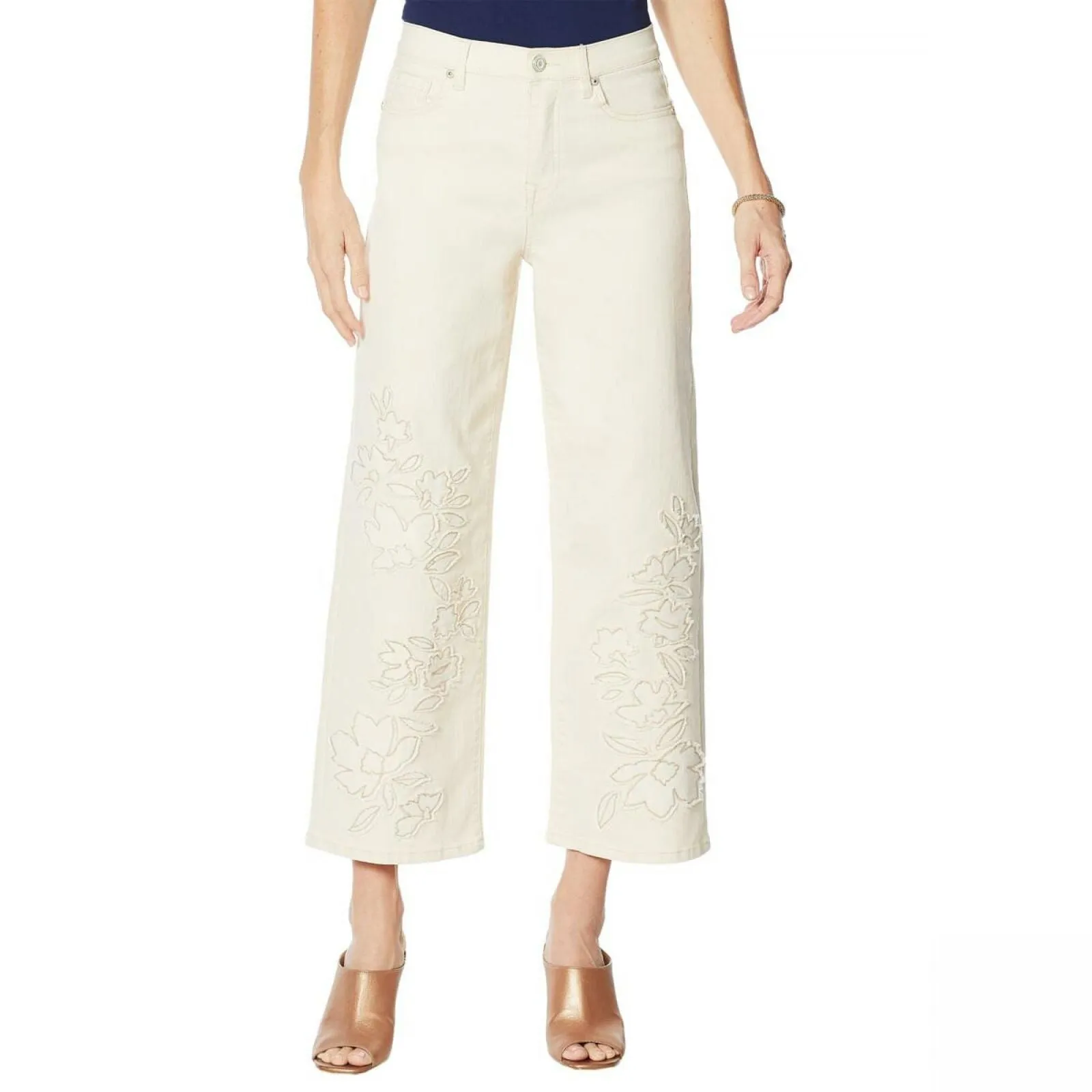 DG2 by Diane Women's Embroidered Applique Wide Leg Jeans Cream 2 TALL