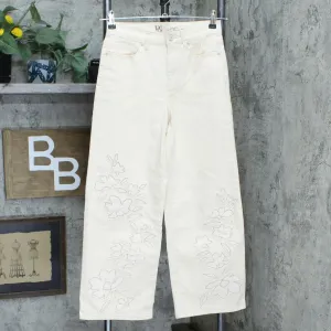 DG2 by Diane Women's Embroidered Applique Wide Leg Jeans Cream 2 TALL