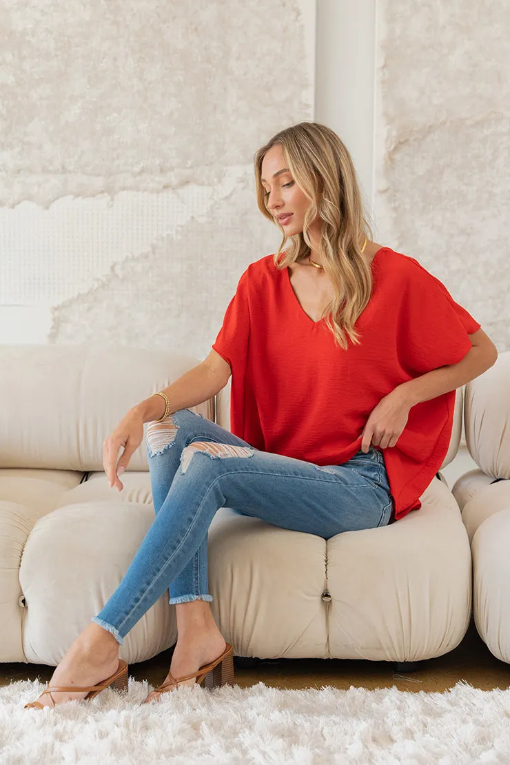 DOORBUSTER: Oversized Boxy V-Neck Top - Red by Sew In Love (Ships in 2-3 Weeks)