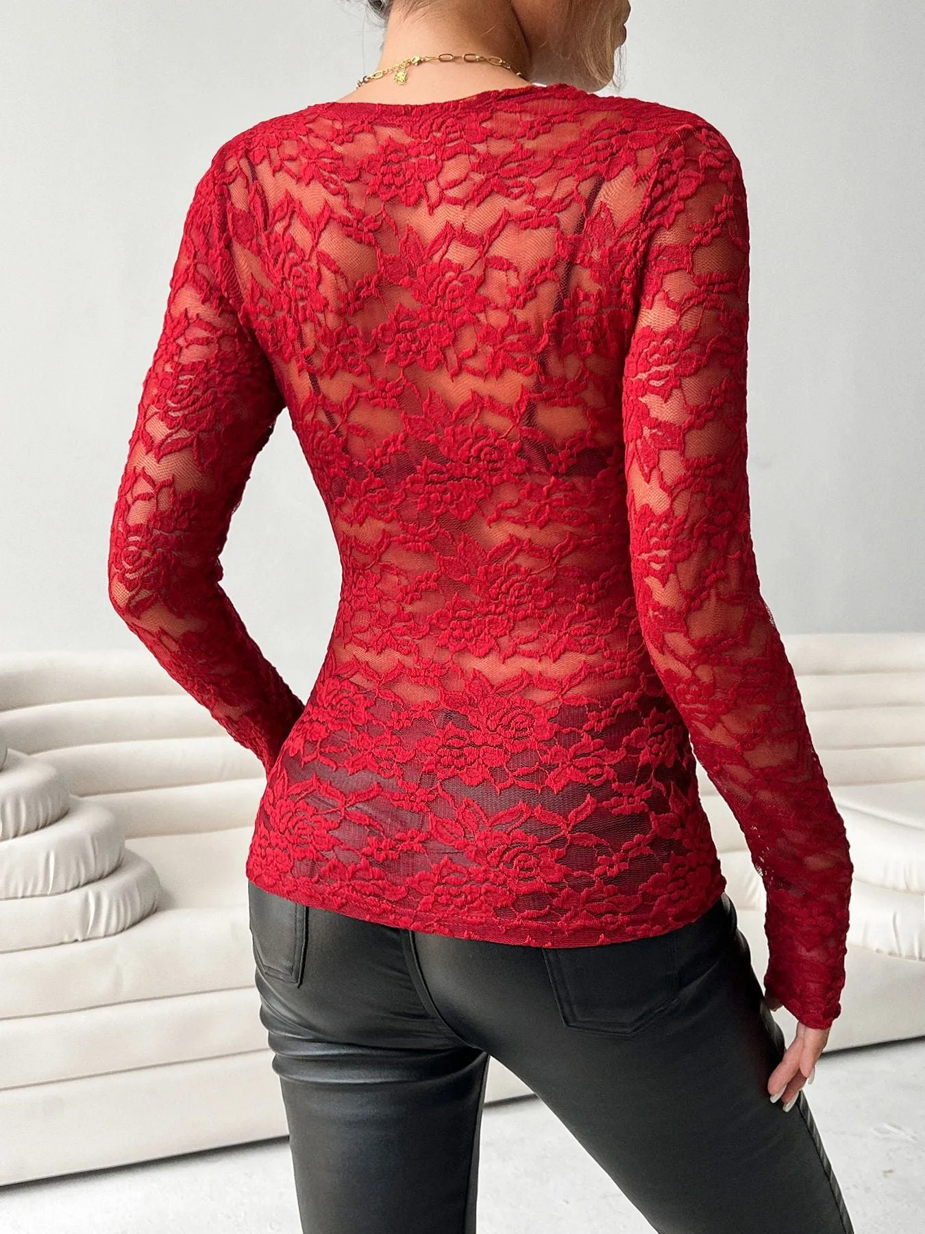 Elegant Long Sleeve V-Neck Slim Fit Lace Top with Delicate Charm