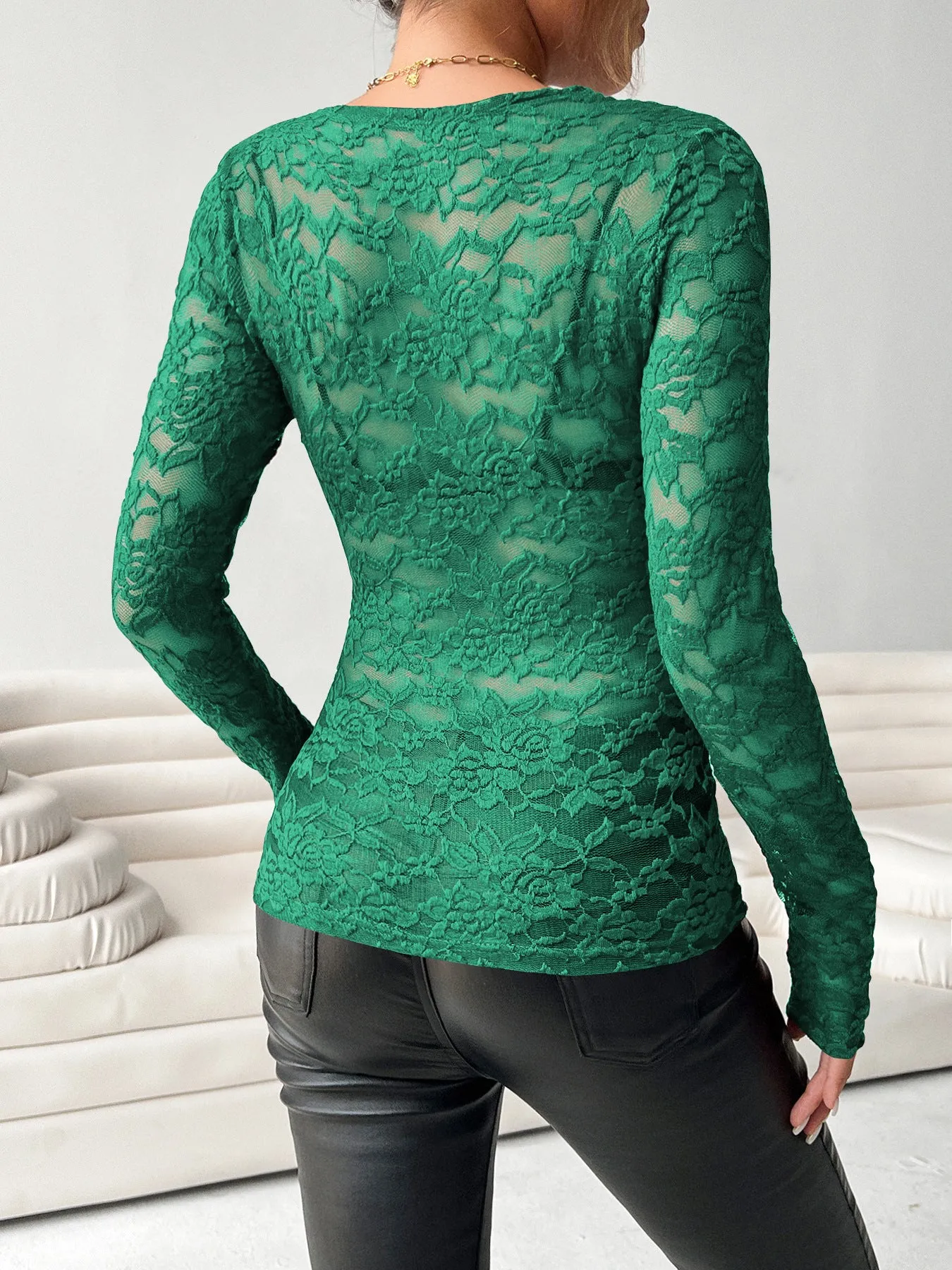 Elegant Long Sleeve V-Neck Slim Fit Lace Top with Delicate Charm