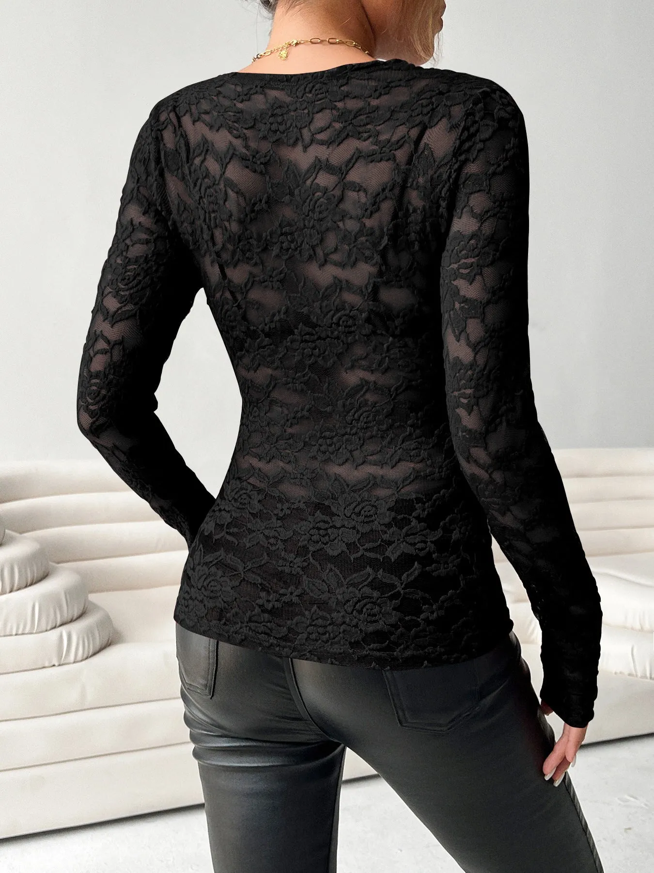 Elegant Long Sleeve V-Neck Slim Fit Lace Top with Delicate Charm