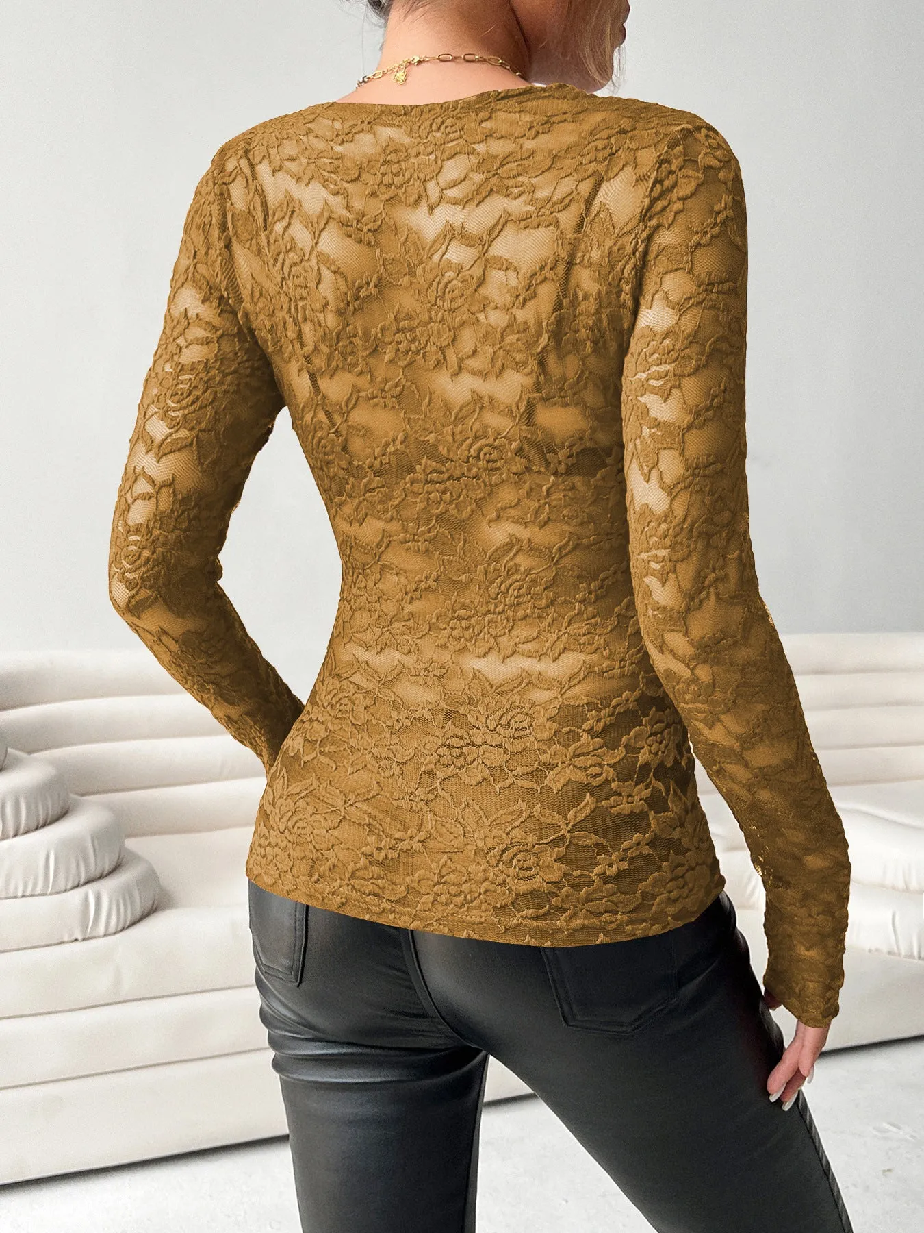 Elegant Long Sleeve V-Neck Slim Fit Lace Top with Delicate Charm