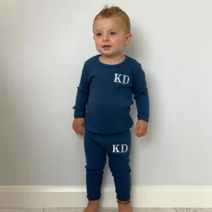 Embroidered Ribbed Blue Lounge Set
