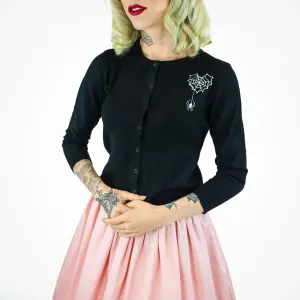 Embroidered Webbed Heart Black Knit Cardigan by Hemet