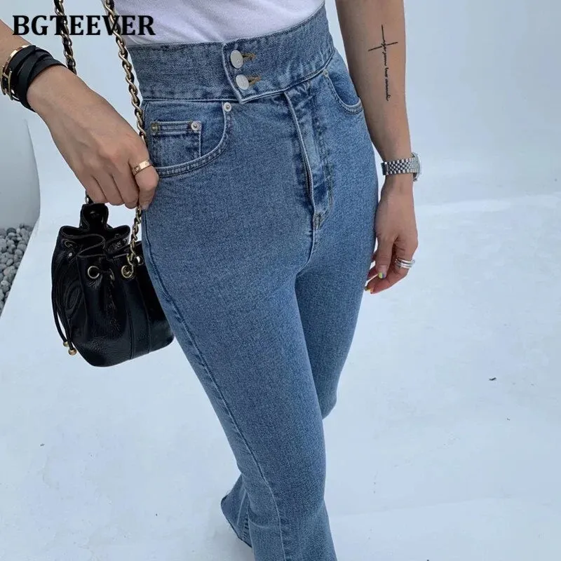 Fashion Women Double Button Flare Jeans