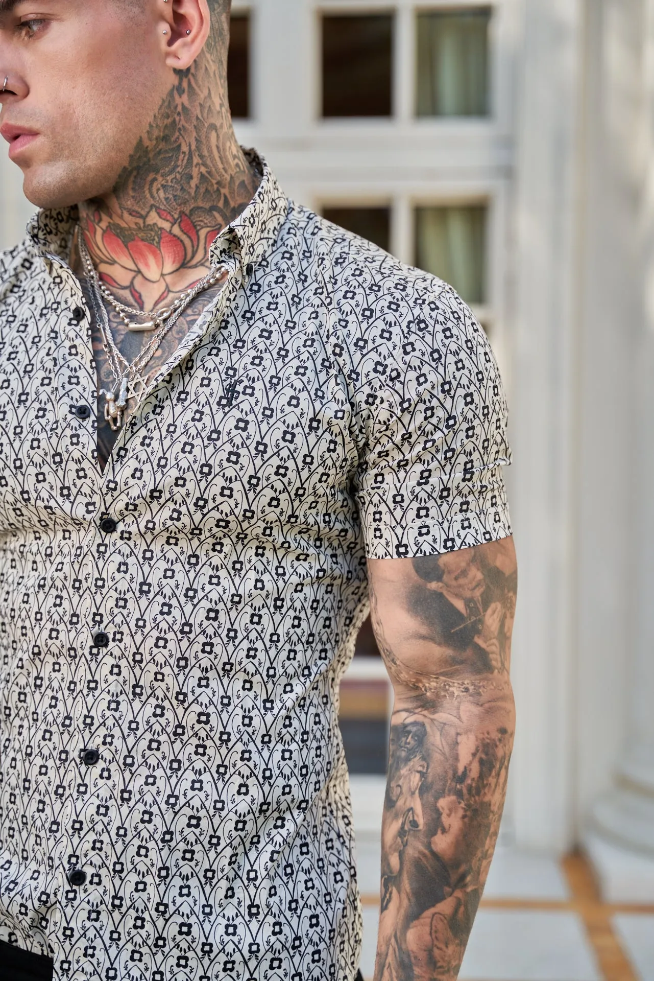 Father Sons Super Slim Stretch Ecru / Black Geo Flower Print Short Sleeve with Button Down Collar - FS788