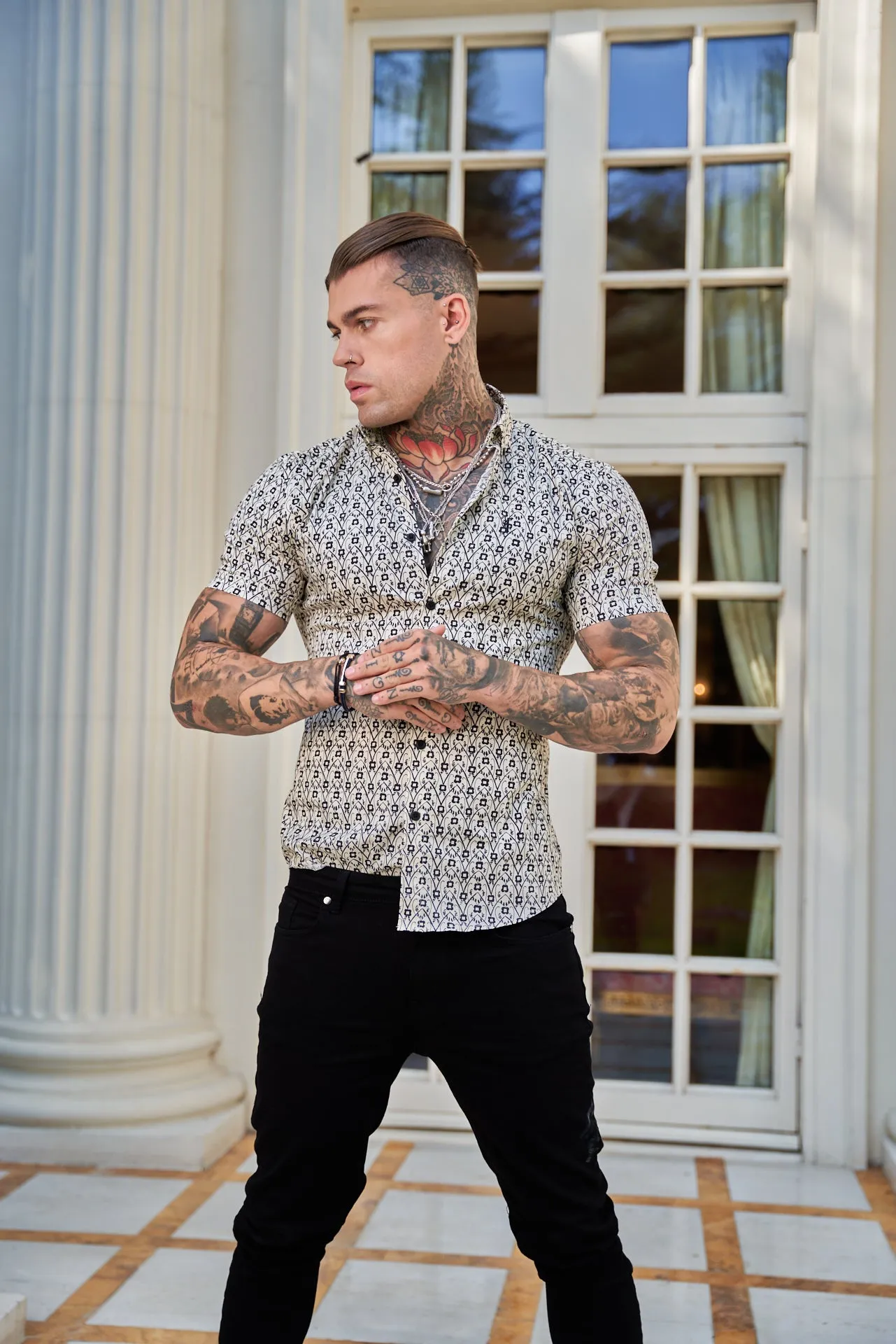 Father Sons Super Slim Stretch Ecru / Black Geo Flower Print Short Sleeve with Button Down Collar - FS788