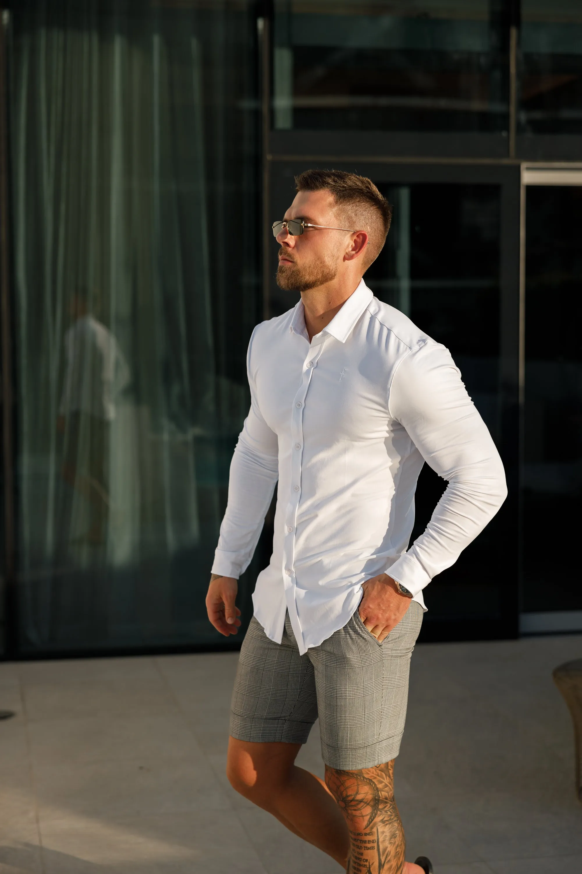 Father Sons Tailored Prince of Wales Check Grey Shorts With Belt Loops - FSTS004