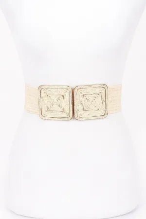 Faux Straw Two Buckle Elastic Belt
