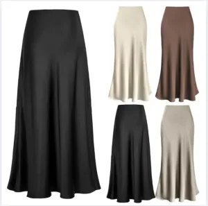 Fishtail Maxi Skirt Elegant Faux Silk Satin Skirts for Women High Waist A-line Office Lady Skirt Solid Color Glossy Finish