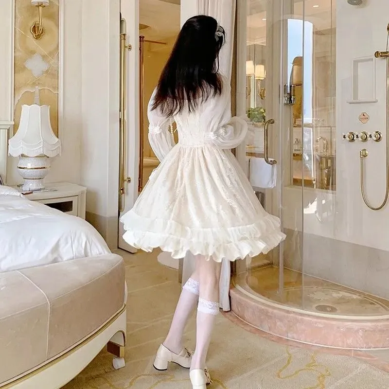 French Style Fairy Bandage Chiffon Dress for Women Casual Lace Long Sleeve Vintage Y2k Mini Dress