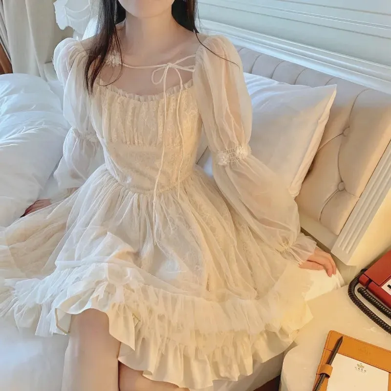 French Style Fairy Bandage Chiffon Dress for Women Casual Lace Long Sleeve Vintage Y2k Mini Dress