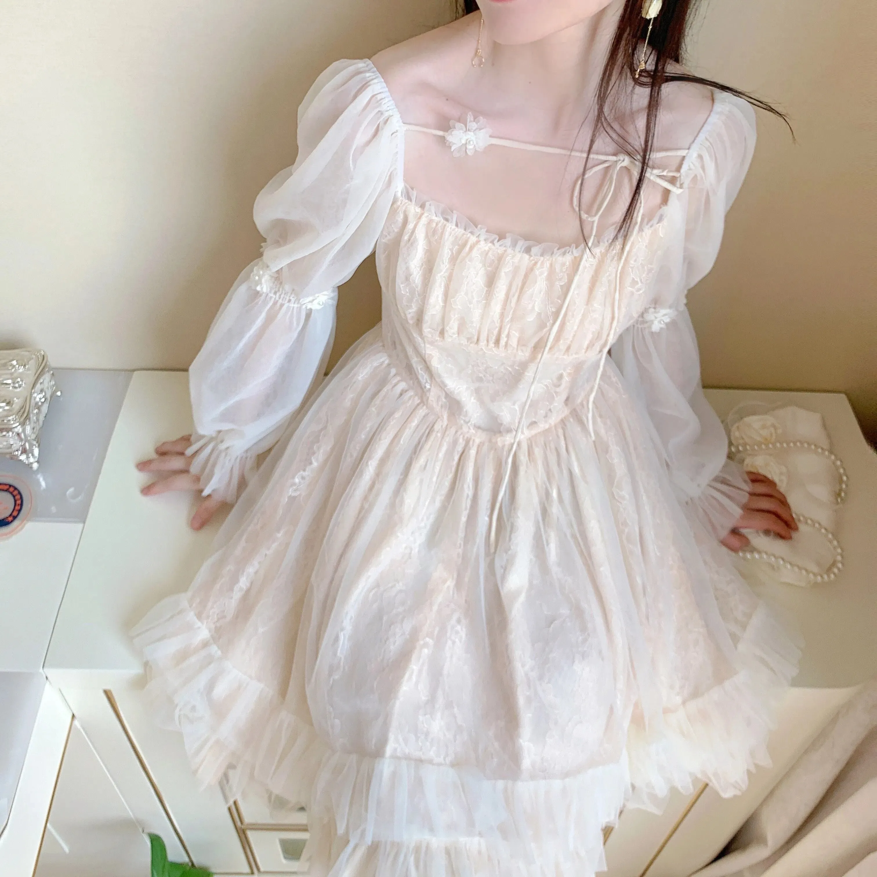 French Style Fairy Bandage Chiffon Dress for Women Casual Lace Long Sleeve Vintage Y2k Mini Dress