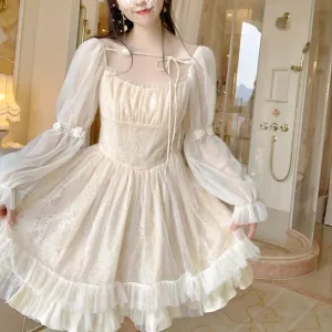 French Style Fairy Bandage Chiffon Dress for Women Casual Lace Long Sleeve Vintage Y2k Mini Dress