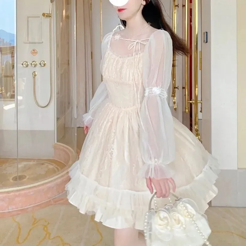 French Style Fairy Bandage Chiffon Dress for Women Casual Lace Long Sleeve Vintage Y2k Mini Dress
