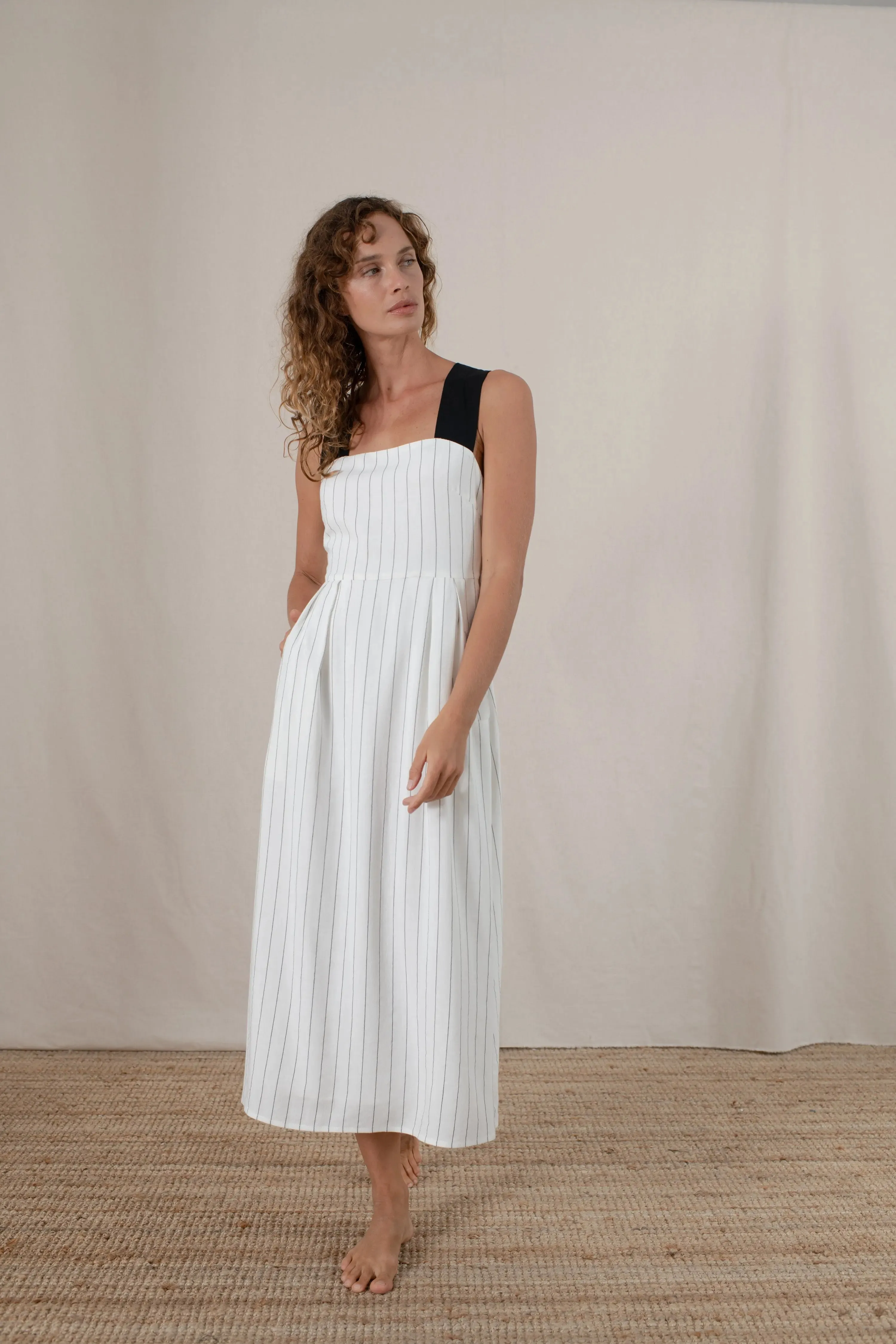 Gessato Midi Dress White Pinstripe