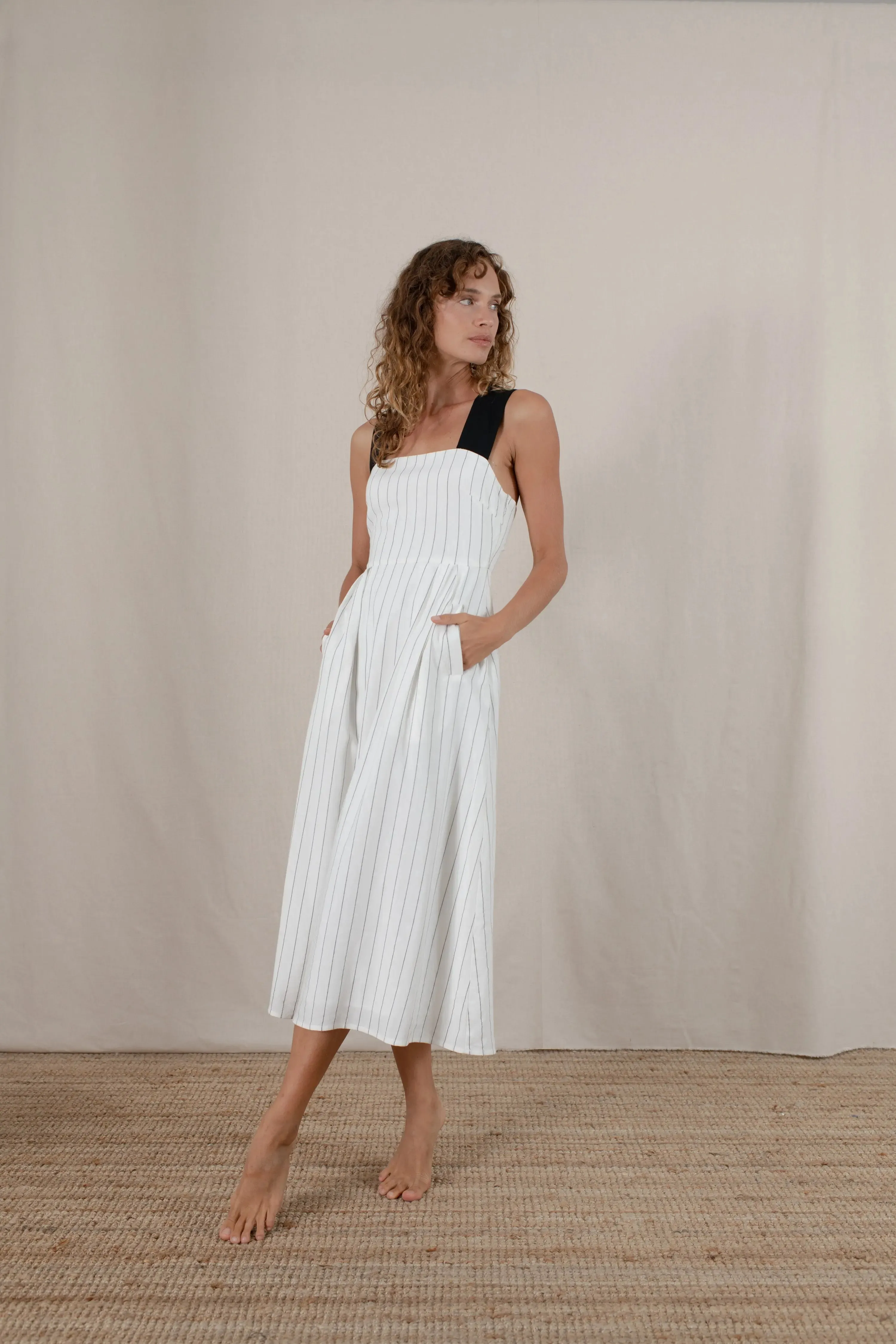Gessato Midi Dress White Pinstripe