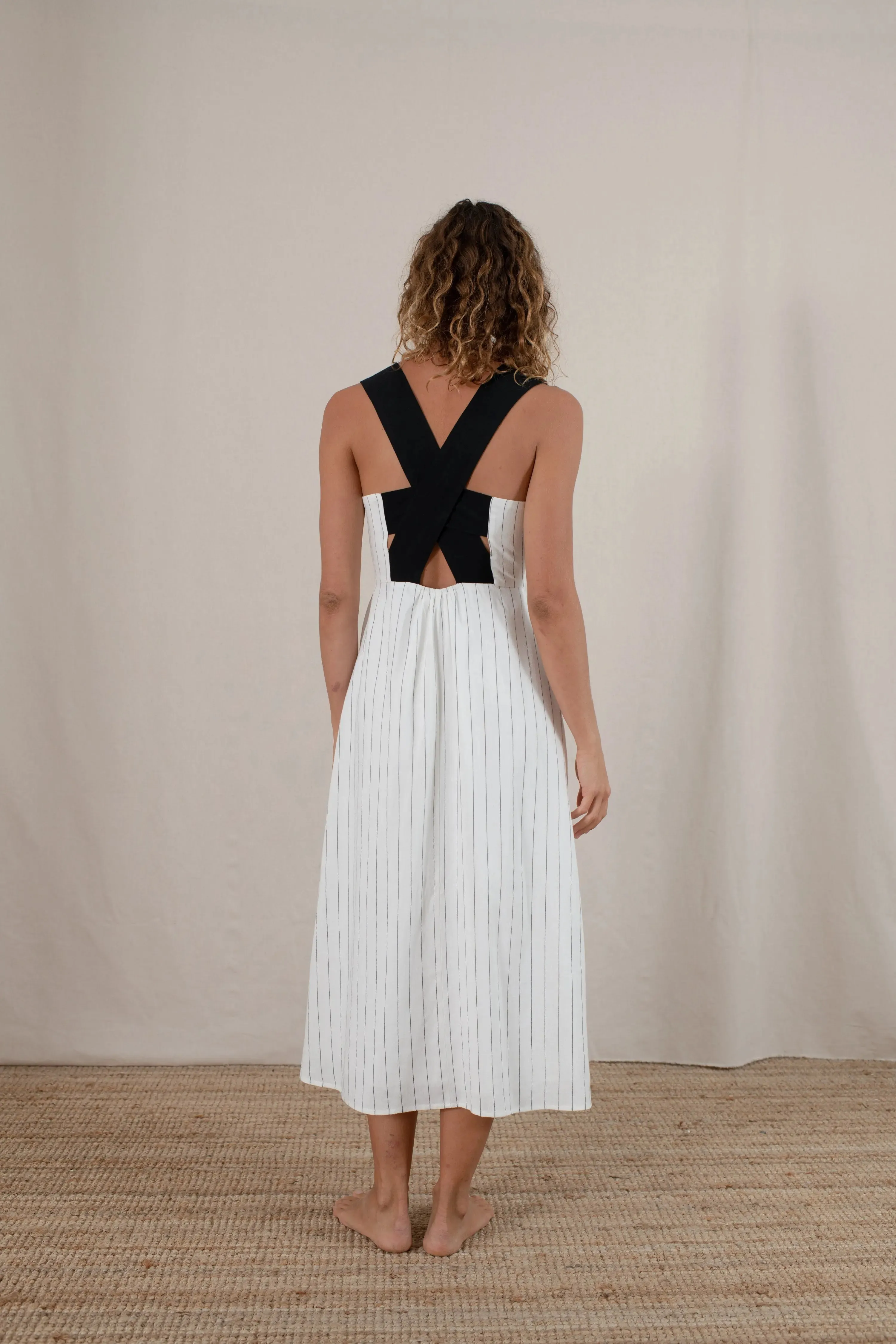 Gessato Midi Dress White Pinstripe